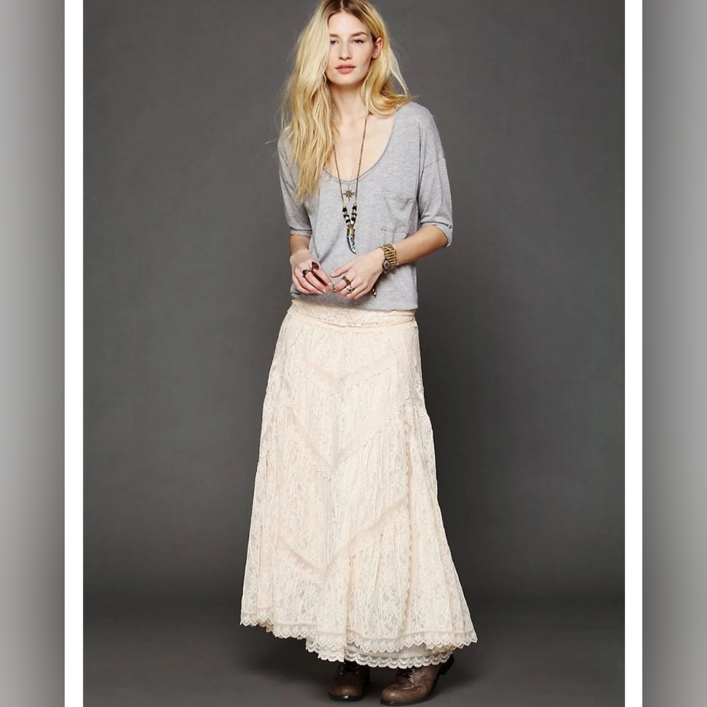 Free People Annie Oakley Lace Tiered Maxi Skirt in Natural XS